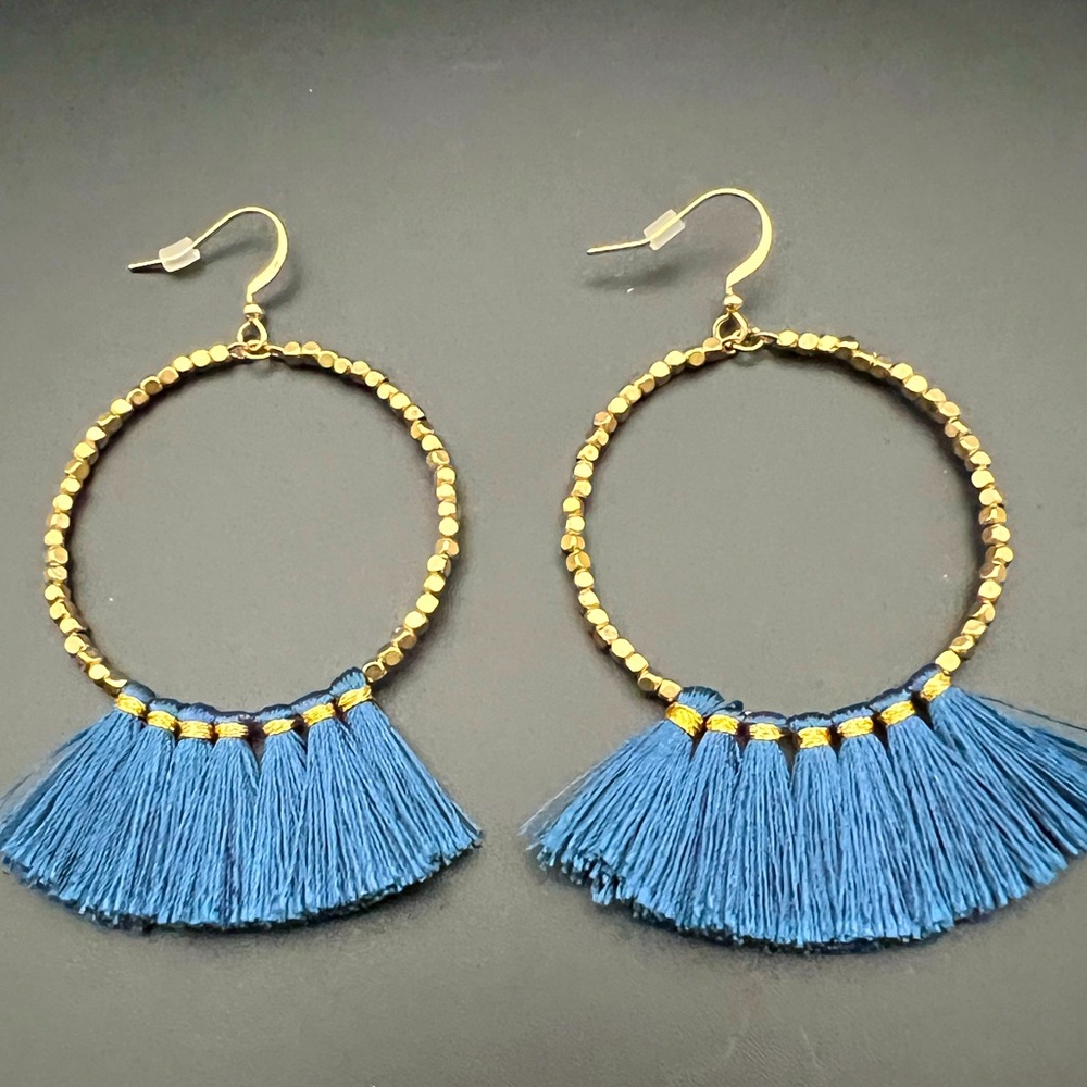 Gold Tone Hoop Statement Earrings with Fan Blue Tassels